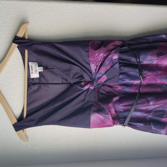 Neiman Marcus Lela Rose High Low Purple Flower Watercolor Dress Leather Belt - Picture 2 of 7